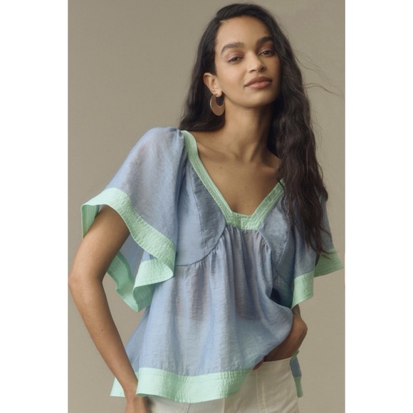 Anthropologie Tops - Anthropologie Women's Light Blue & Green Colorblock Babydoll Top Size M